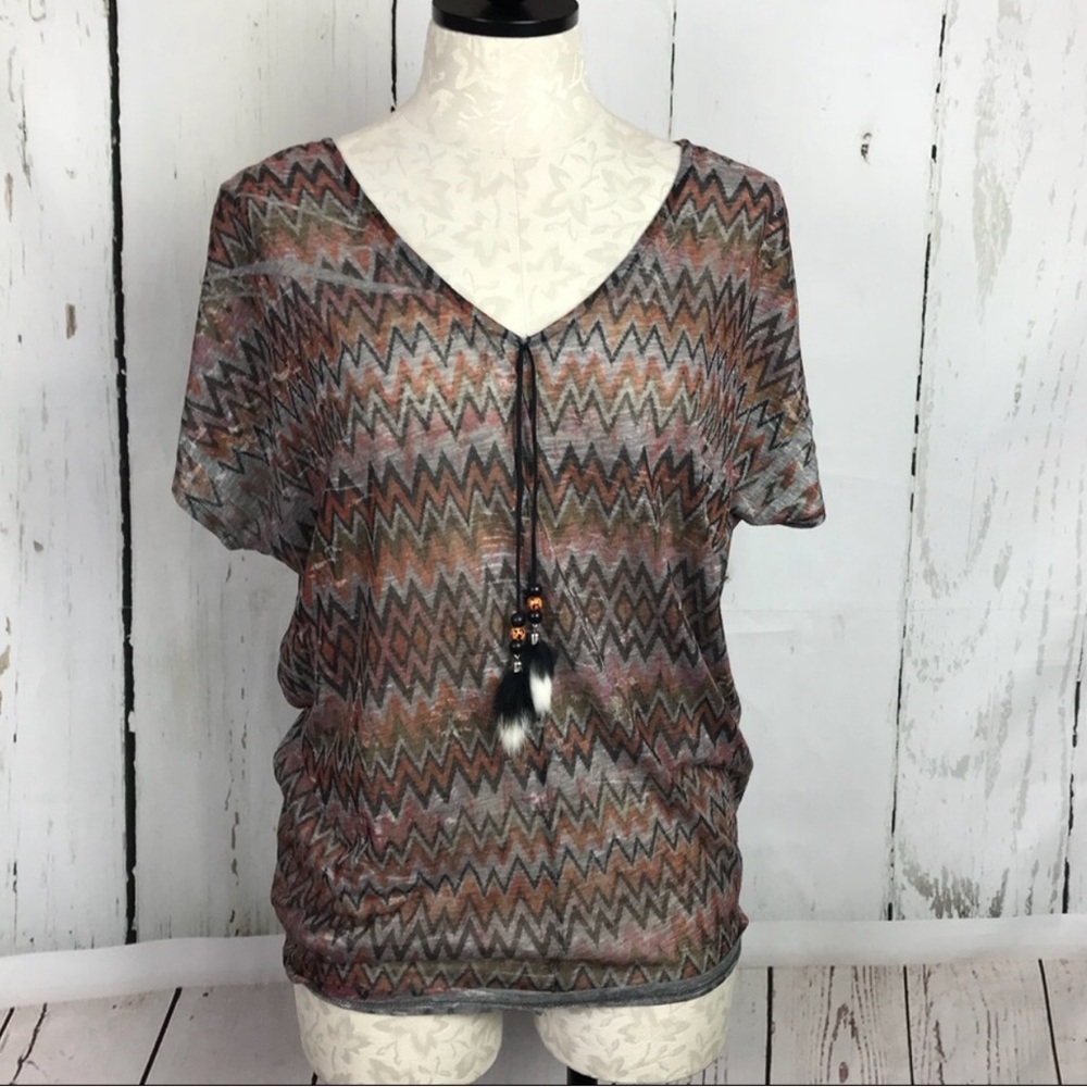 Emma Rose Print V Neck Boho Burn Out Top Feather